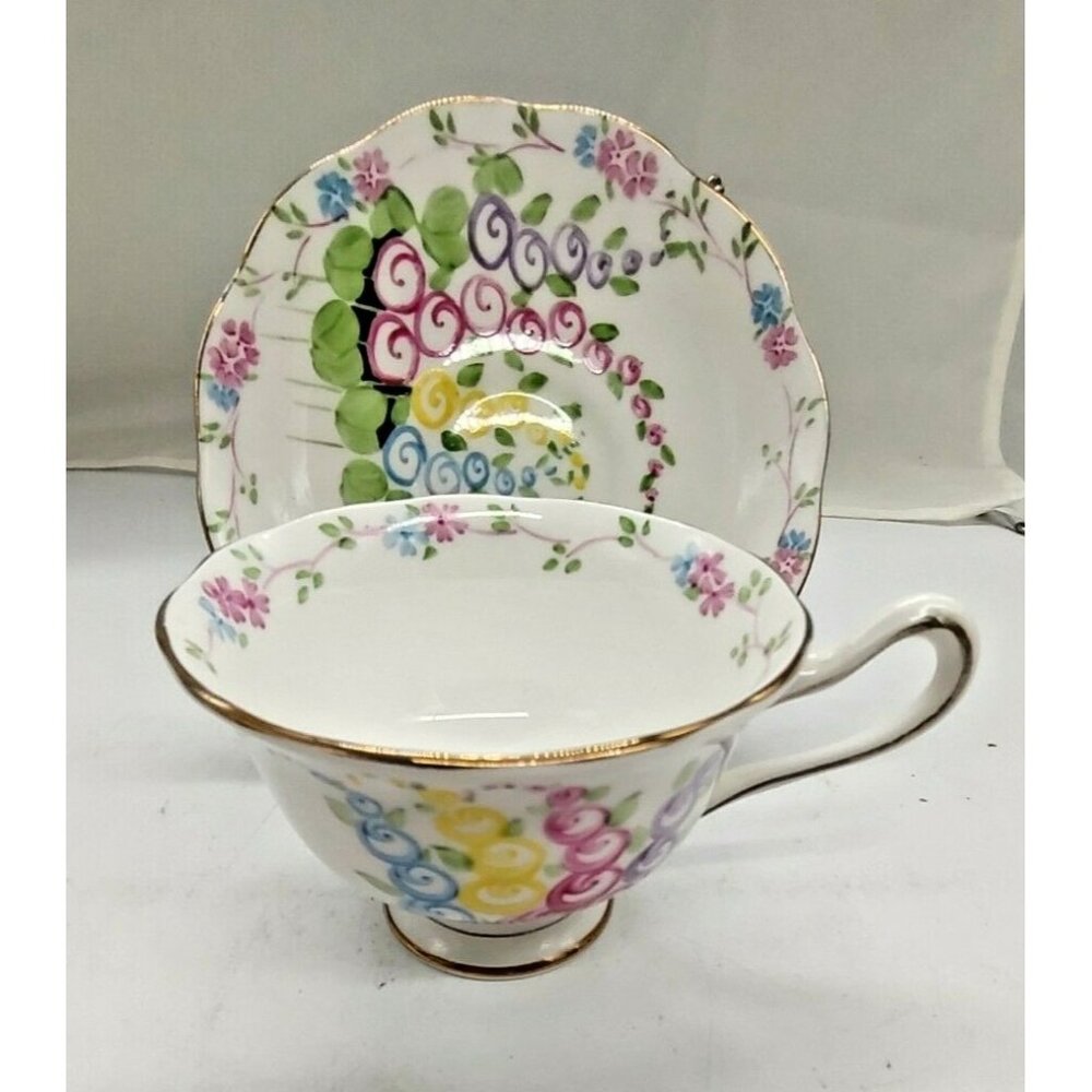 Vintage Royal Albert Bone China Avon Shape Cup & Saucer Set Hollyhocks 1940's